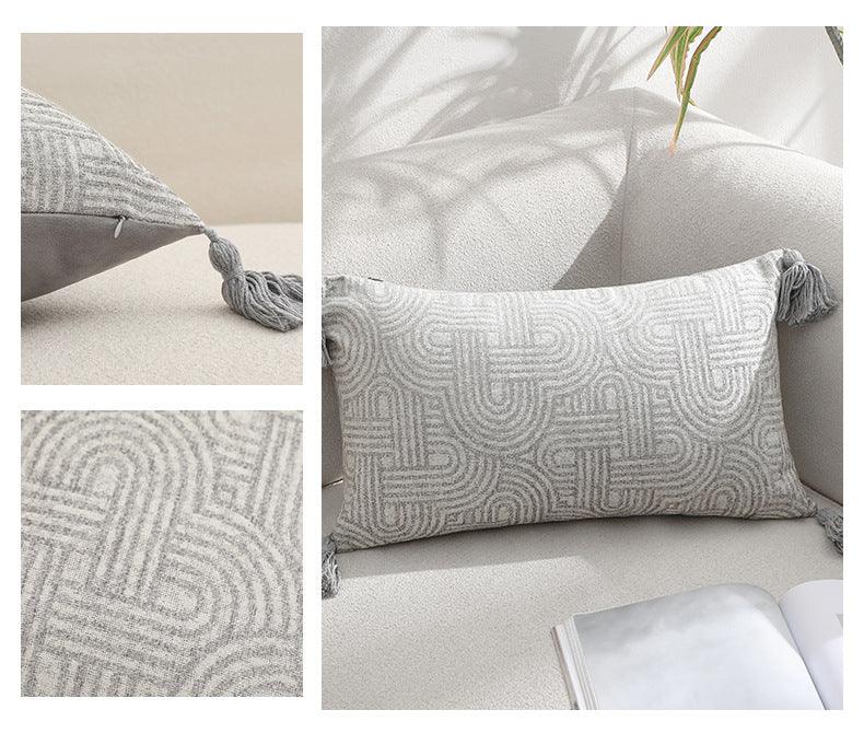 Beige Chic Geometric Jacquard Cushion Covers with Tassels - Set of 2, Plush Blend for Sofa & Bed Decor (45x45cm, Insert Not Included) - Mekamart Australia