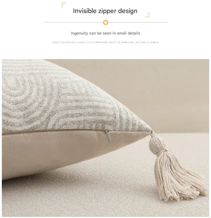 Beige Chic Geometric Jacquard Cushion Covers with Tassels - Set of 2, Plush Blend for Sofa & Bed Decor (45x45cm, Insert Not Included) - Mekamart Australia