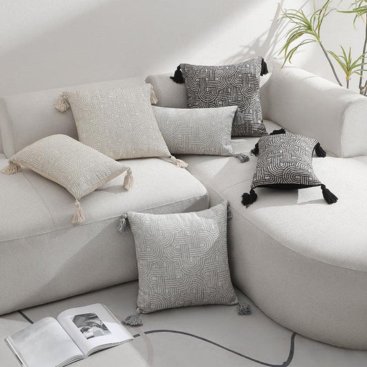 Grey Chic Geometric Jacquard Cushion Covers with Tassels - Set of 2, Plush Blend for Sofa & Bed Decor (45x45cm, Insert Not Included) - Mekamart Australia