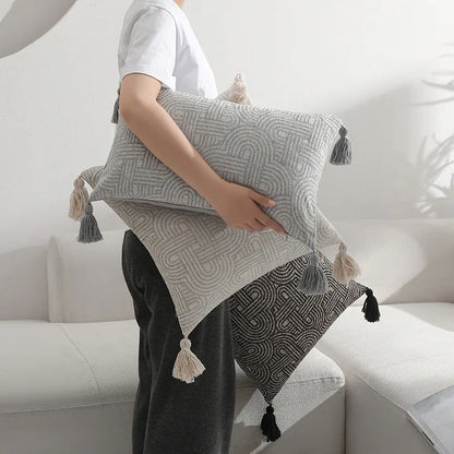 Grey Chic Geometric Jacquard Cushion Covers with Tassels - Set of 2, Plush Blend for Sofa & Bed Decor (45x45cm, Insert Not Included) - Mekamart Australia