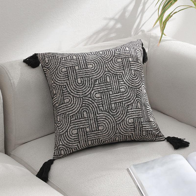 Black Chic Geometric Jacquard Cushion Covers with Tassels - Set of 2, Plush Blend for Sofa & Bed Decor (45x45cm, Insert Not Included) - Mekamart Australia
