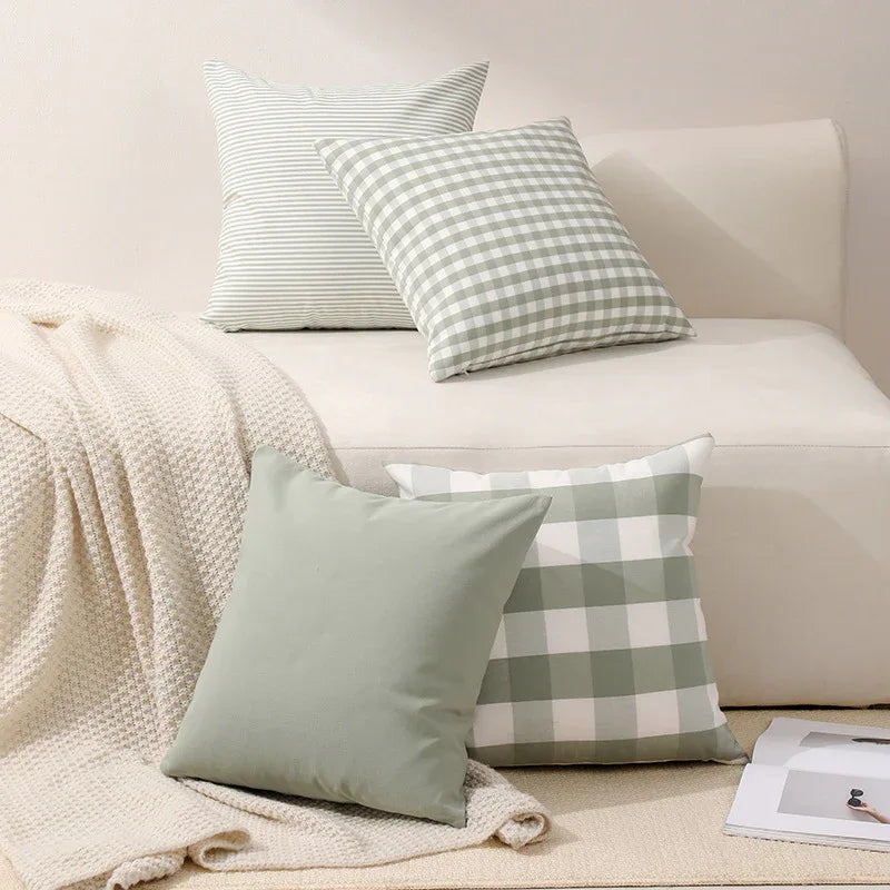 Green Small Plaid Pattern Set of 2 Decorative Cushion Covers - 45x45cm, Soft Polyester (Inserts Not Included) - Mekamart Australia