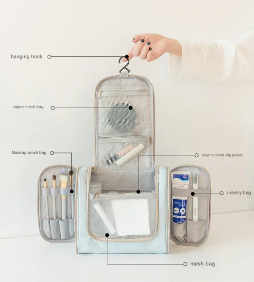 Light Blue Large Capacity Hanging Travel Toiletry Bag - Portable Waterproof Organizer for Cosmetics, Makeup & Toiletries with Multiple Compartments - Mekamart Australia