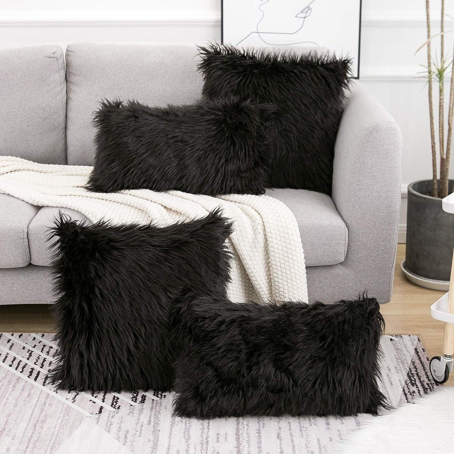 Black Luxurious Long Faux Fur Cushion Covers - Set of 2, 45x45cm Soft Plush Decorative Pillowcases for Sofa & Bed - Mekamart Australia