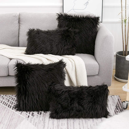 Black Luxurious Long Faux Fur Cushion Covers - Set of 2, 45x45cm Soft Plush Decorative Pillowcases for Sofa & Bed - Mekamart Australia