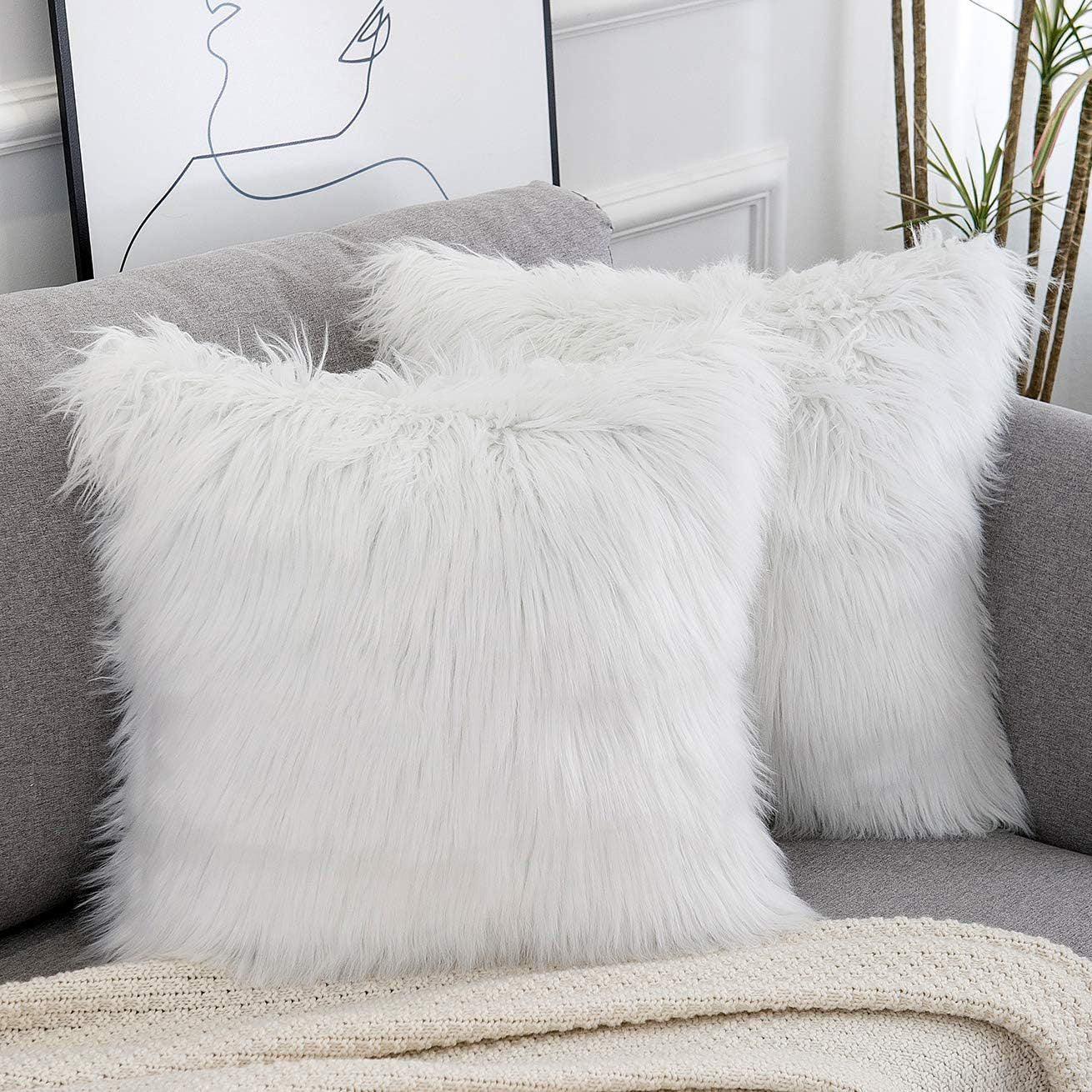 White Luxurious Long Faux Fur Cushion Covers - Set of 2, 45x45cm Soft Plush Decorative Pillowcases for Sofa & Bed - Mekamart Australia
