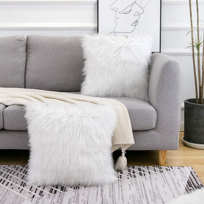 White Luxurious Long Faux Fur Cushion Covers - Set of 2, 45x45cm Soft Plush Decorative Pillowcases for Sofa & Bed - Mekamart Australia