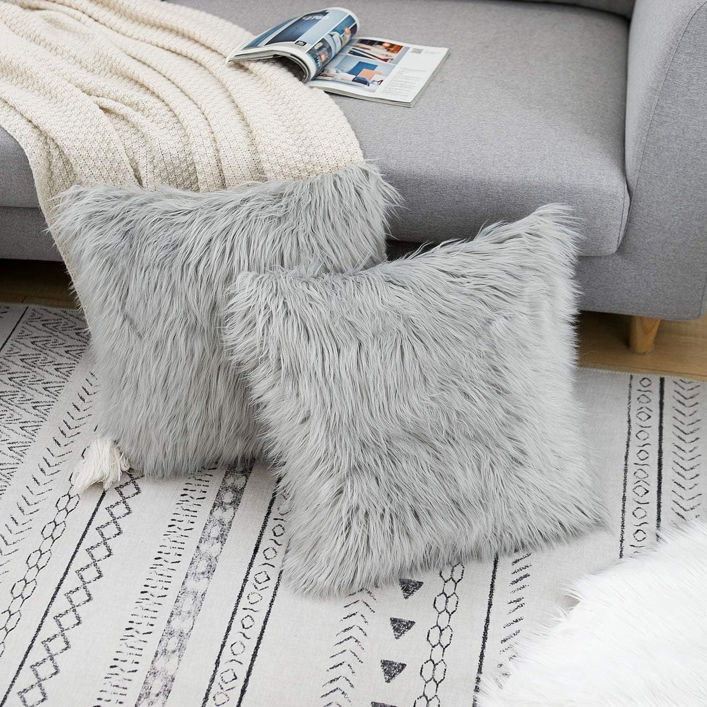 Grey Luxurious Long Faux Fur Cushion Covers - Set of 2, 45x45cm Soft Plush Decorative Pillowcases for Sofa & Bed - Mekamart Australia