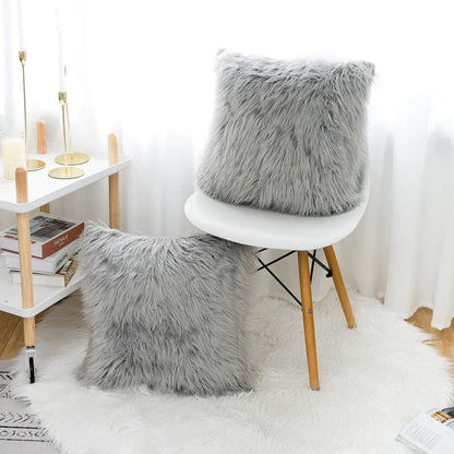 Grey Luxurious Long Faux Fur Cushion Covers - Set of 2, 45x45cm Soft Plush Decorative Pillowcases for Sofa & Bed - Mekamart Australia