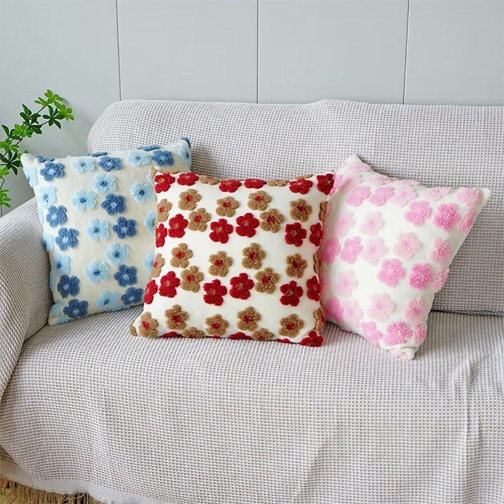 Green and Yellow Charming 3D Floral Plush Cushion Covers - Set of 4, 45x45cm Soft Faux Lambswool Pillowcases for Sofa & Bed Decor - Mekamart Australia