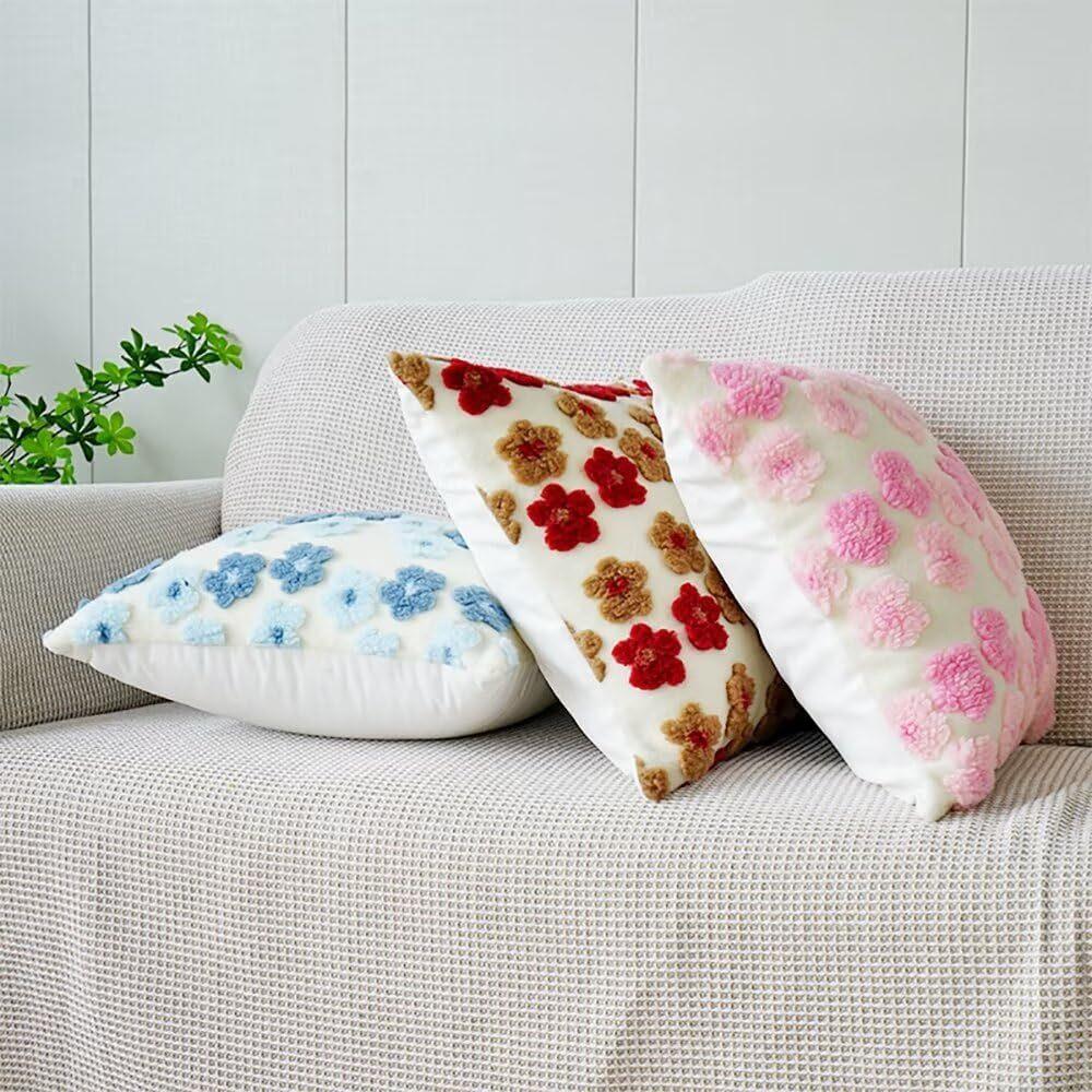 Pink Charming 3D Floral Plush Cushion Covers - Set of 4, 45x45cm Soft Faux Lambswool Pillowcases for Sofa & Bed Decor - Mekamart Australia