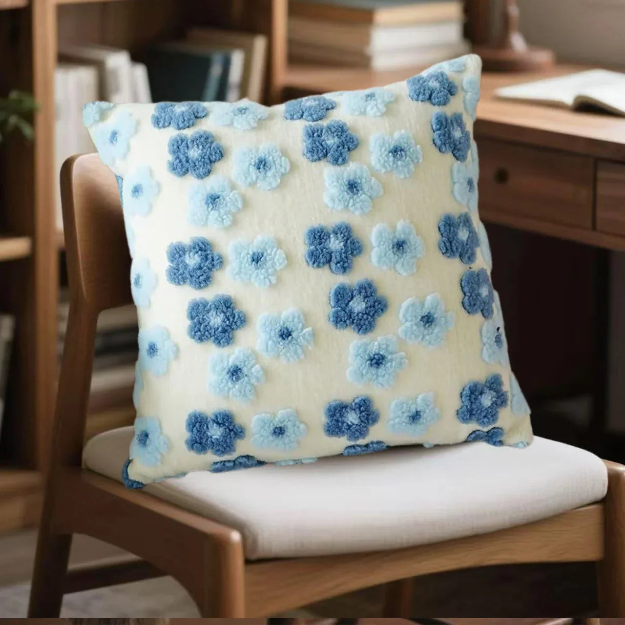 Blue Charming 3D Floral Plush Cushion Covers - Set of 4, 45x45cm Soft Faux Lambswool Pillowcases for Sofa & Bed Decor - Mekamart Australia