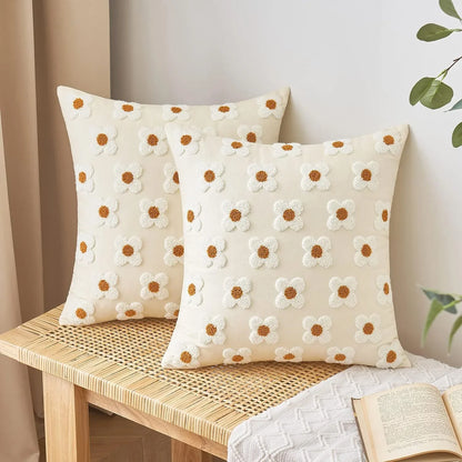 Beige and Khaki Charming 3D Daisy Embroidered Canvas Cushion Covers - Set of 2, 45x45cm Soft Textured Decorative Pillowcases - Mekamart Australia