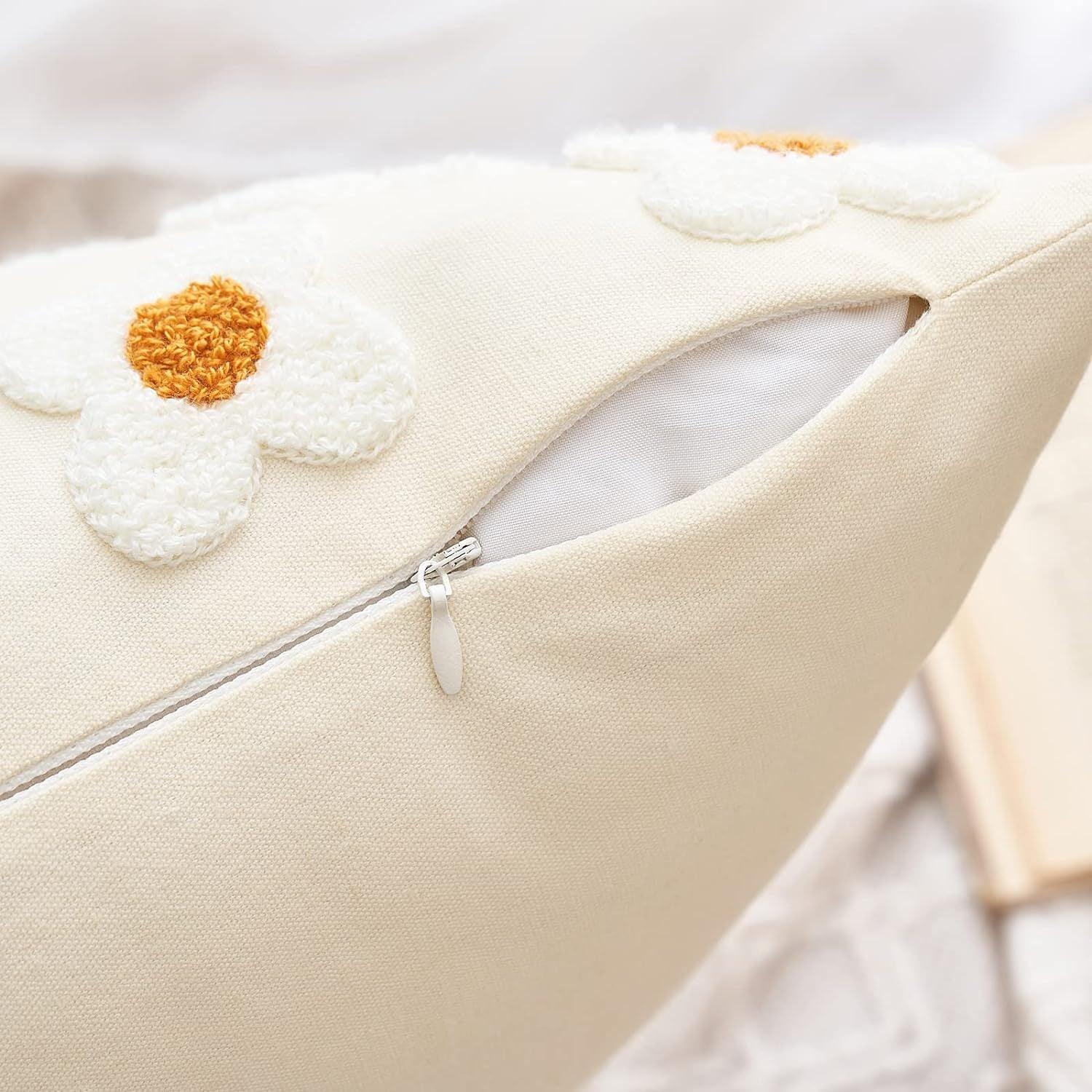 Beige and Khaki Charming 3D Daisy Embroidered Canvas Cushion Covers - Set of 2, 45x45cm Soft Textured Decorative Pillowcases - Mekamart Australia
