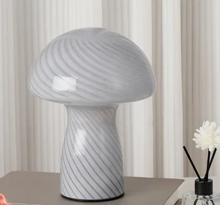 Stripe-Pure Grey-white Retro Swirl Glass Mushroom Table Lamp - LED Bedside Night Light - Mekamart Australia