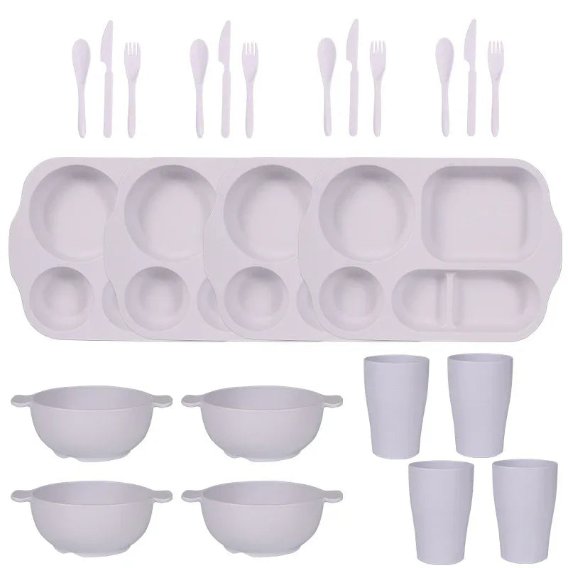 White Durable Eco-Friendly Wheat Straw Dinnerware Set - 24 Pieces with Plates, Bowls, Cups & Cutlery - Mekamart Australia