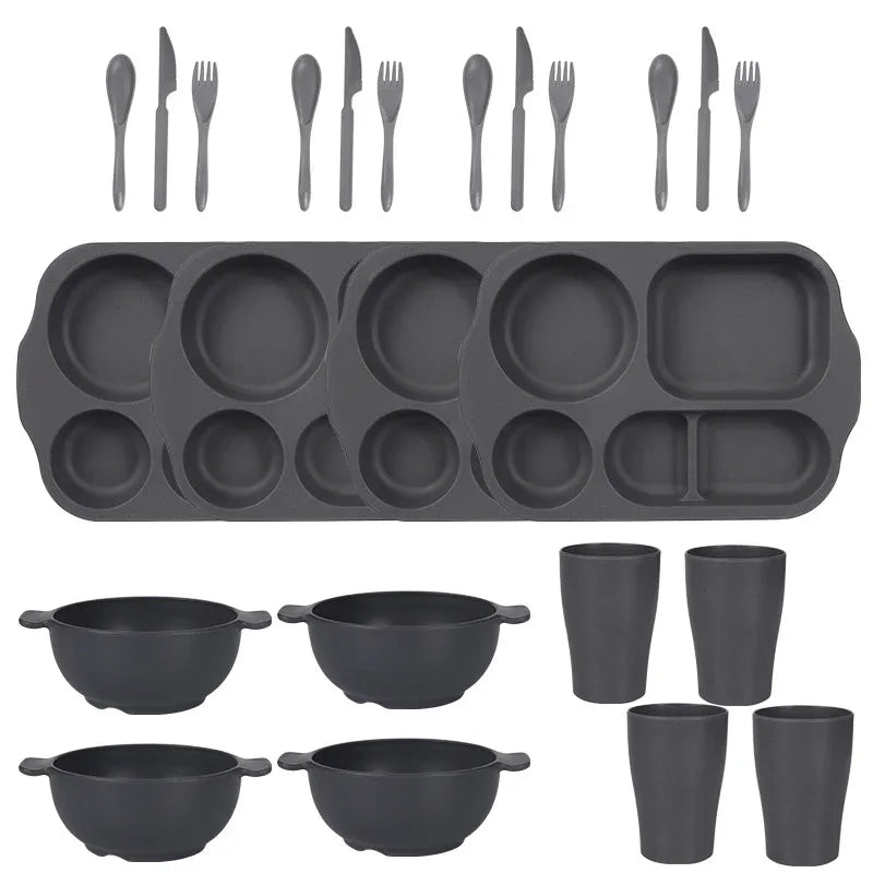Dark Grey Durable Eco-Friendly Wheat Straw Dinnerware Set - 24 Pieces with Plates, Bowls, Cups & Cutlery - Mekamart Australia