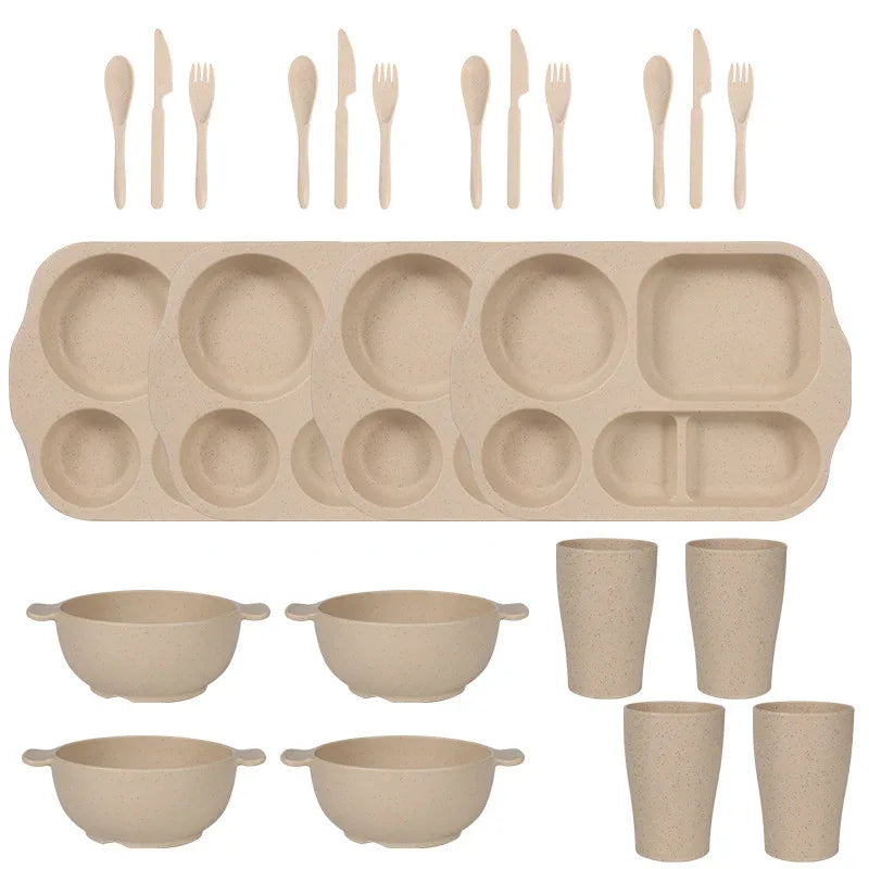 Beige Durable Eco-Friendly Wheat Straw Dinnerware Set - 24 Pieces with Plates, Bowls, Cups & Cutlery - Mekamart Australia