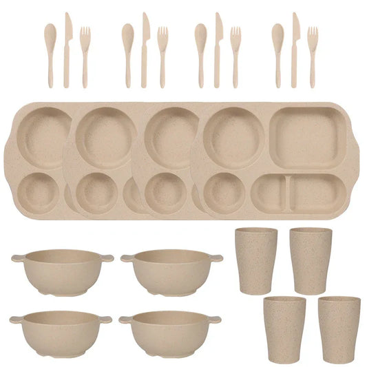 Beige Durable Eco-Friendly Wheat Straw Dinnerware Set - 24 Pieces with Plates, Bowls, Cups & Cutlery - Mekamart Australia