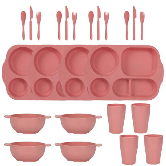 Pink Durable Eco-Friendly Wheat Straw Dinnerware Set - 24 Pieces with Plates, Bowls, Cups & Cutlery - Mekamart Australia