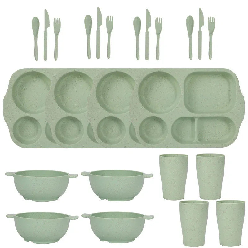 Green Durable Eco-Friendly Wheat Straw Dinnerware Set - 24 Pieces with Plates, Bowls, Cups & Cutlery - Mekamart Australia