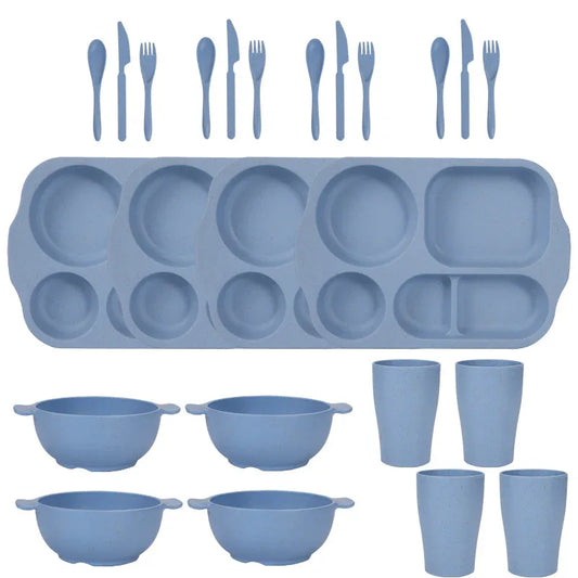 Blue Durable Eco-Friendly Wheat Straw Dinnerware Set - 24 Pieces with Plates, Bowls, Cups & Cutlery - Mekamart Australia