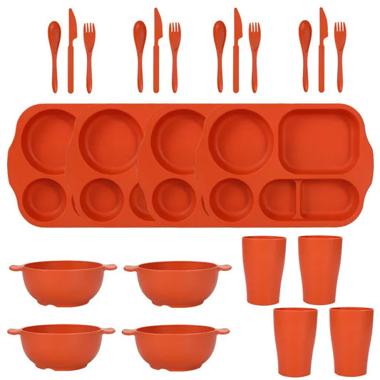 Orange Durable Eco-Friendly Wheat Straw Dinnerware Set - 24 Pieces with Plates, Bowls, Cups & Cutlery - Mekamart Australia