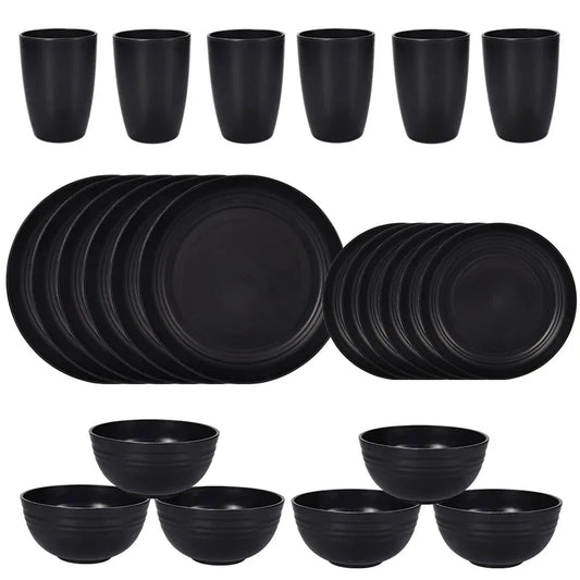 Stylish Black Wheat Straw Dinnerware Set - 24 Pieces Including Plates, Bowls & Cups - Mekamart Australia