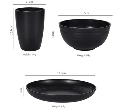 Stylish Black Wheat Straw Dinnerware Set - 24 Pieces Including Plates, Bowls & Cups - Mekamart Australia