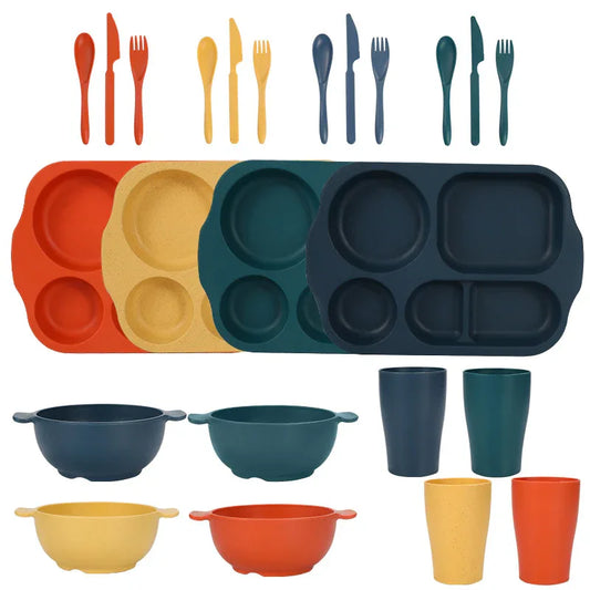 Macaron 4 Colours Durable Eco-Friendly Wheat Straw Dinnerware Set - 24 Pieces with Plates, Bowls, Cups & Cutlery - Mekamart Australia