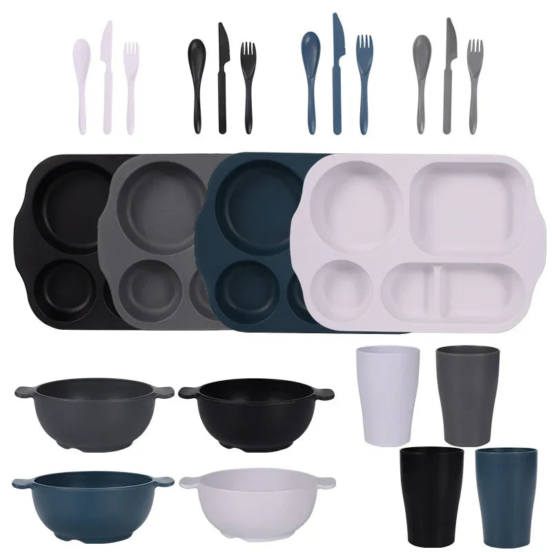 Black, Dark Grey, White, Dark Blue Durable Eco-Friendly Wheat Straw Dinnerware Set - 24 Pieces with Plates, Bowls, Cups & Cutlery - Mekamart Australia