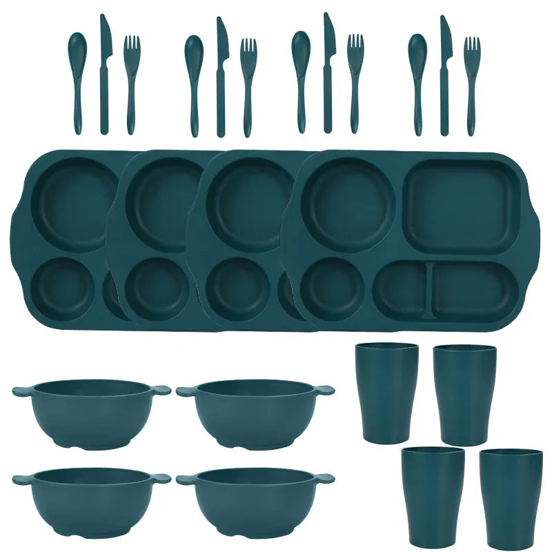 Dark Green Durable Eco-Friendly Wheat Straw Dinnerware Set - 24 Pieces with Plates, Bowls, Cups & Cutlery - Mekamart Australia