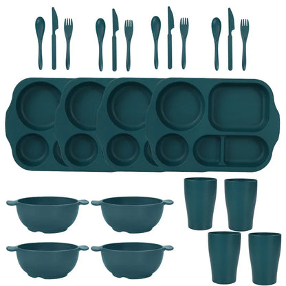 Dark Green Durable Eco-Friendly Wheat Straw Dinnerware Set - 24 Pieces with Plates, Bowls, Cups & Cutlery - Mekamart Australia