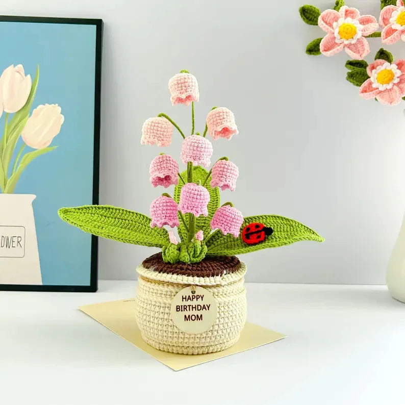 Pink Handmade Crochet Lily of the Valley Potted Plant - Gradient Blue Flower Decor Gift - Mekamart Australia