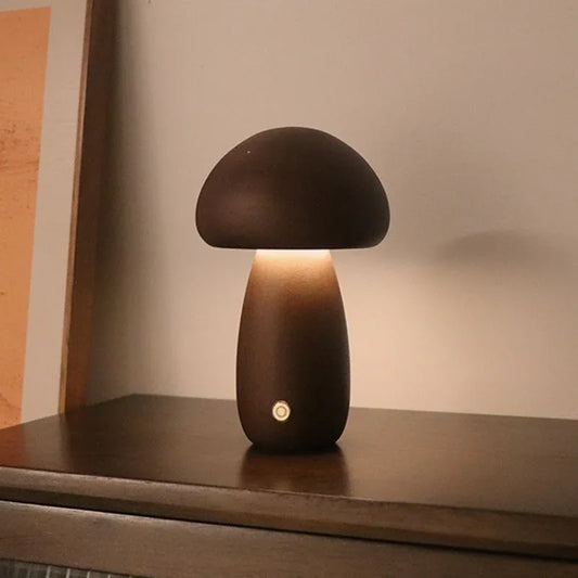 Dun-dun Model Dark Brown Solid Wood Mushroom LED Table Lamp - Rechargeable Touch Control Bedside Night Light (Large) - Mekamart Australia
