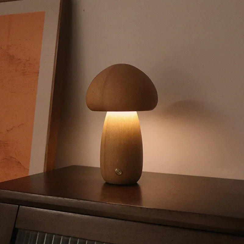 Dun-dun Model Brown Solid Wood Mushroom LED Table Lamp - Rechargeable Touch Control Bedside Night Light (Large) - Mekamart Australia