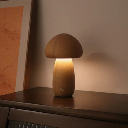 Dun-dun Model Brown Solid Wood Mushroom LED Table Lamp - Rechargeable Touch Control Bedside Night Light (Large) - Mekamart Australia
