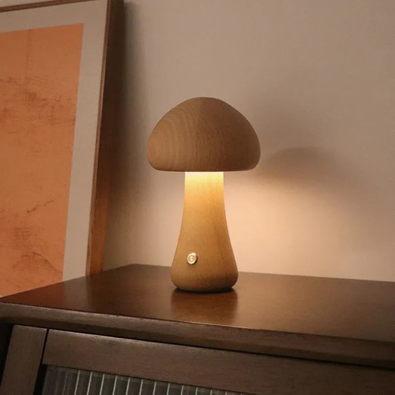 Brown Solid Wood Mushroom LED Table Lamp - Rechargeable Touch Control Bedside Night Light (Large) - Mekamart Australia
