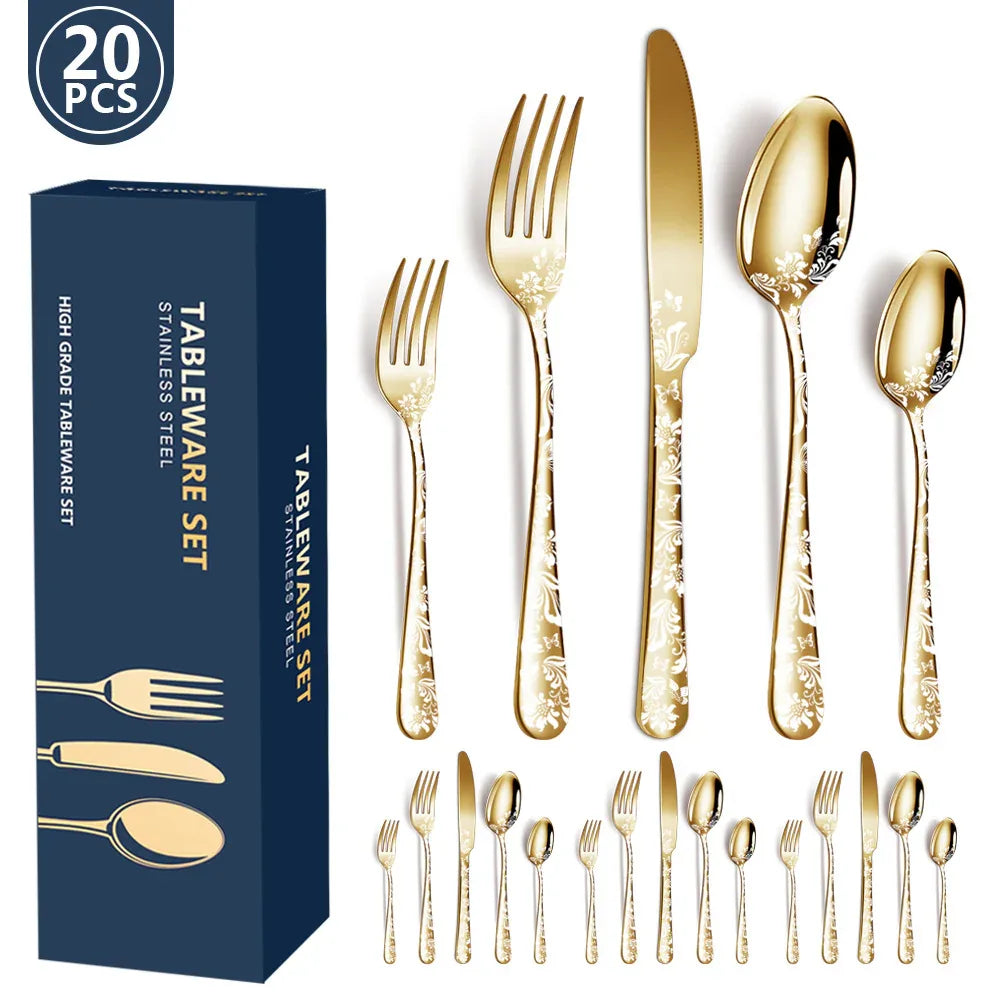 Gold Elegant 20-Piece Stainless Steel Cutlery Set with Floral Design - Dinner & Steak Knives, Forks, Spoons - Mekamart Australia