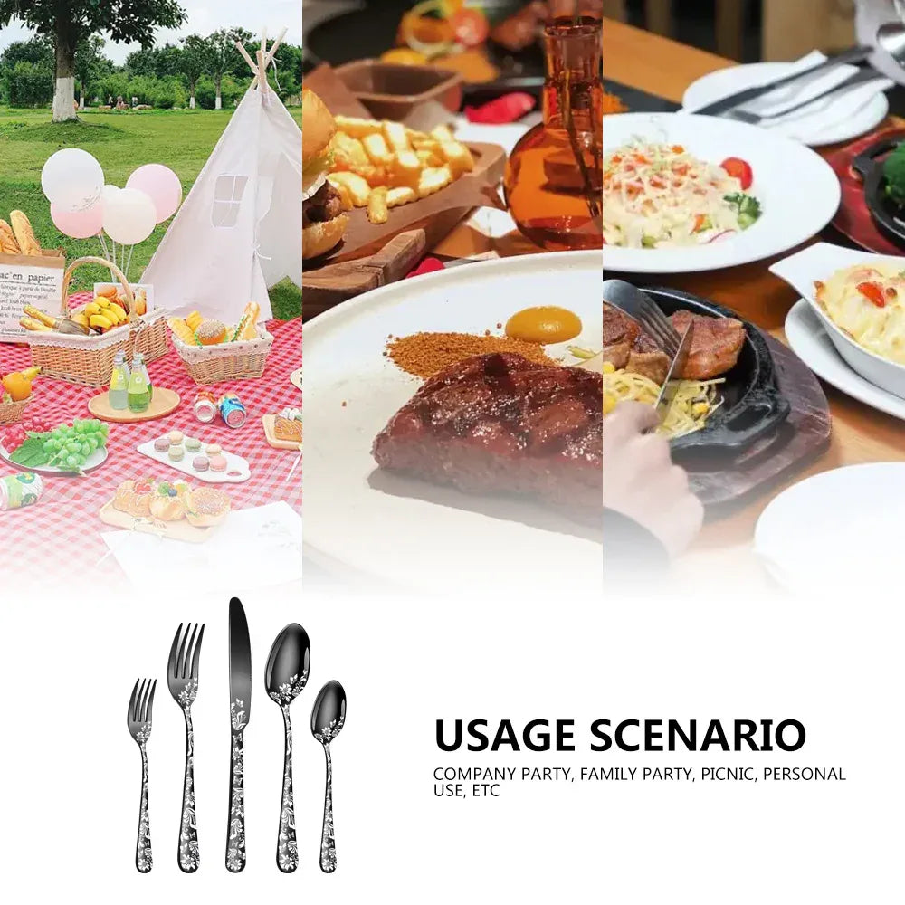 Gold Elegant 20-Piece Stainless Steel Cutlery Set with Floral Design - Dinner & Steak Knives, Forks, Spoons - Mekamart Australia