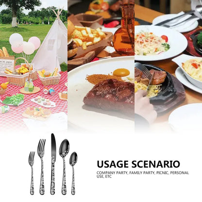 Gold Elegant 20-Piece Stainless Steel Cutlery Set with Floral Design - Dinner & Steak Knives, Forks, Spoons - Mekamart Australia