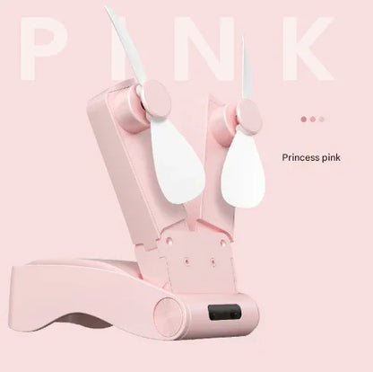 Pink Creative Dual-Head Folding Handheld Fan - USB Rechargeable, 3-Speed Strong Wind, 10.5x4.5x4cm - Mekamart Australia