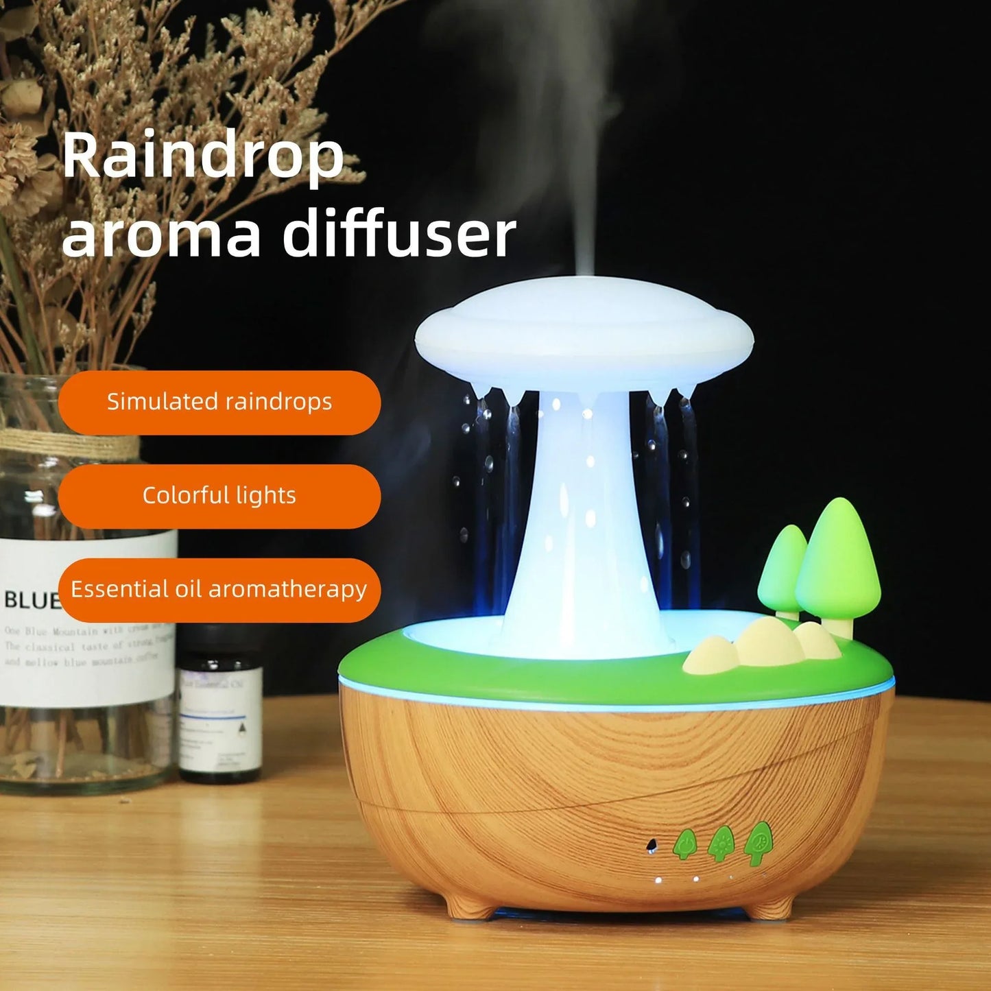 Light Woodgrain Raindrop Mushroom Aroma Diffuser - 280mL Ultrasonic Humidifier with Colorful Lights - Mekamart Australia