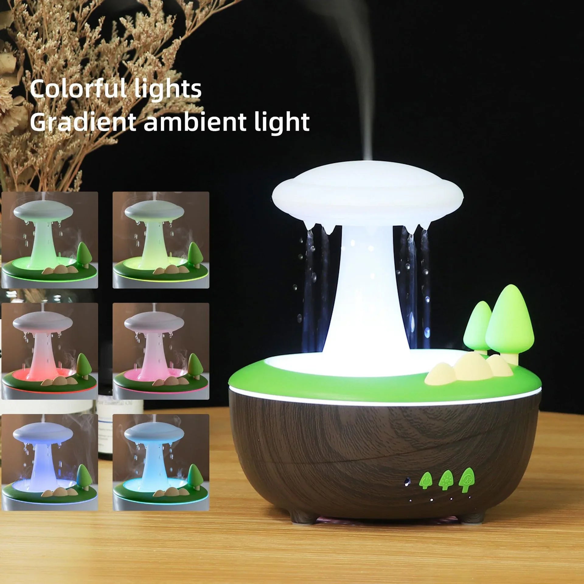 Light Woodgrain Raindrop Mushroom Aroma Diffuser - 280mL Ultrasonic Humidifier with Colorful Lights - Mekamart Australia