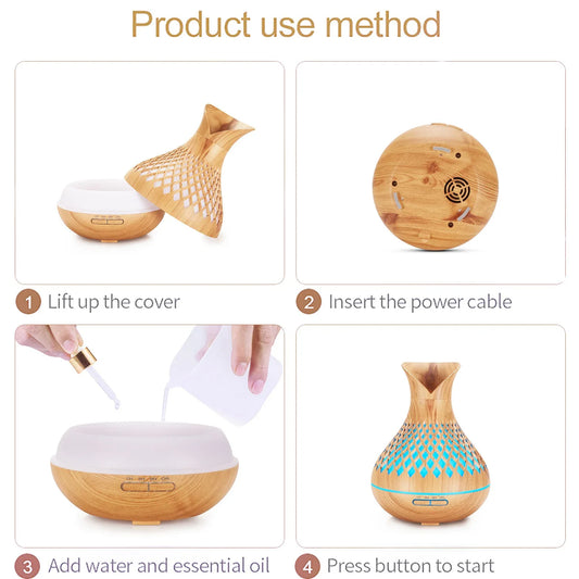 Dark Woodgrain 500ml Wood-Grain Essential Oil Aroma Diffuser with Lattice Design and Humidifier - Mekamart Australia