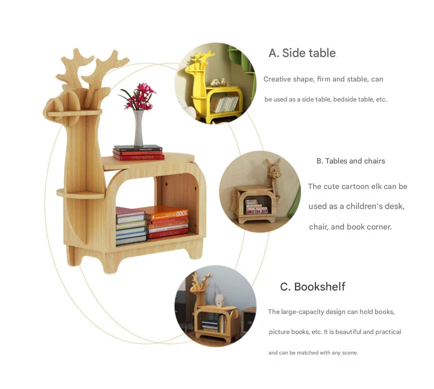 Sub Black Walnut Trumpet Creative Reindeer-Shaped Solid Wood Bookshelf for Kids - Mekamart Australia