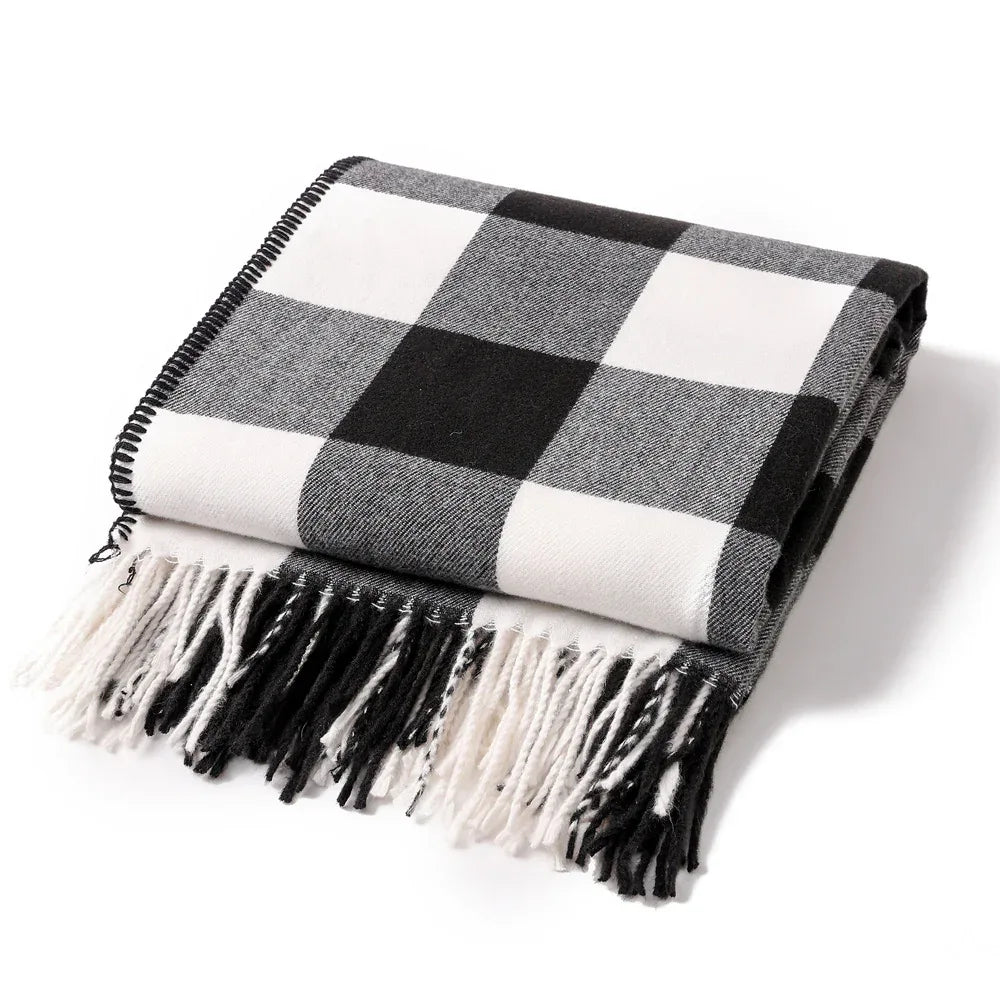 Classic Black White Checkered Faux Cashmere Blanket, 130 x 210 cm, 650g - Mekamart Australia