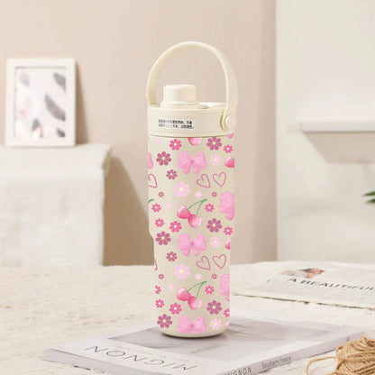 White-Line Cherry Bow 30oz Ceramic-Lined Insulated Tumbler with Handle, 735ml Stainless Steel Travel Mug - Mekamart Australia