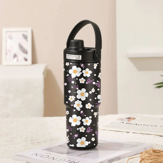 Twilight Black-White Flowers 30oz Ceramic-Lined Insulated Tumbler with Handle, 735ml Stainless Steel Travel Mug - Mekamart Australia