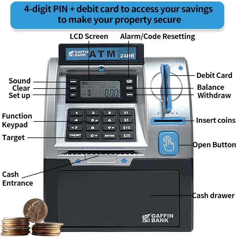 Kids ATM Savings Bank - Electronic Piggy Bank with Debit Card, PIN(Pink) - Mekamart Australia